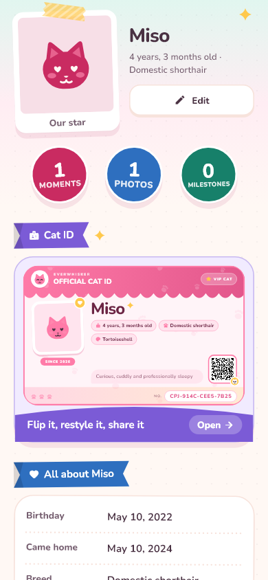 Profile screen with a taped portrait, colorful count badges, the Everwhisker Cat ID and All about Miso section