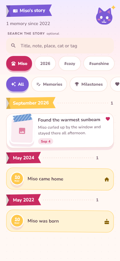 Story screen with search, tag filters, month ribbons and compact memories alongside birth and adoption milestones